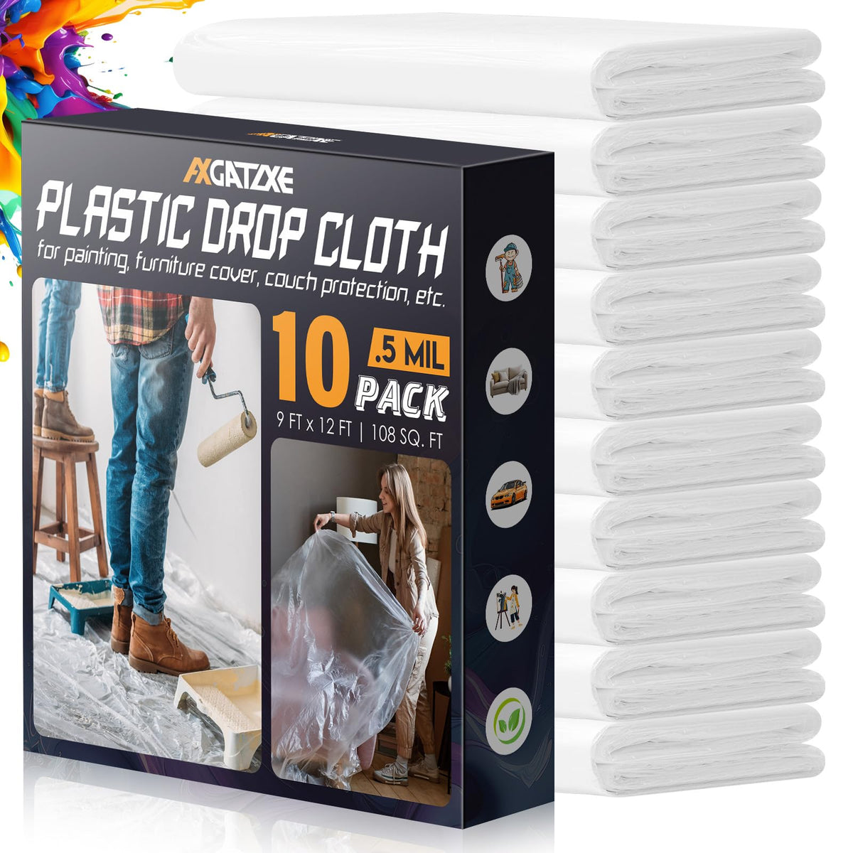 Axgatoxe 12 x 9 Ft Plastic Drop Cloths for Painting (10-Pack)