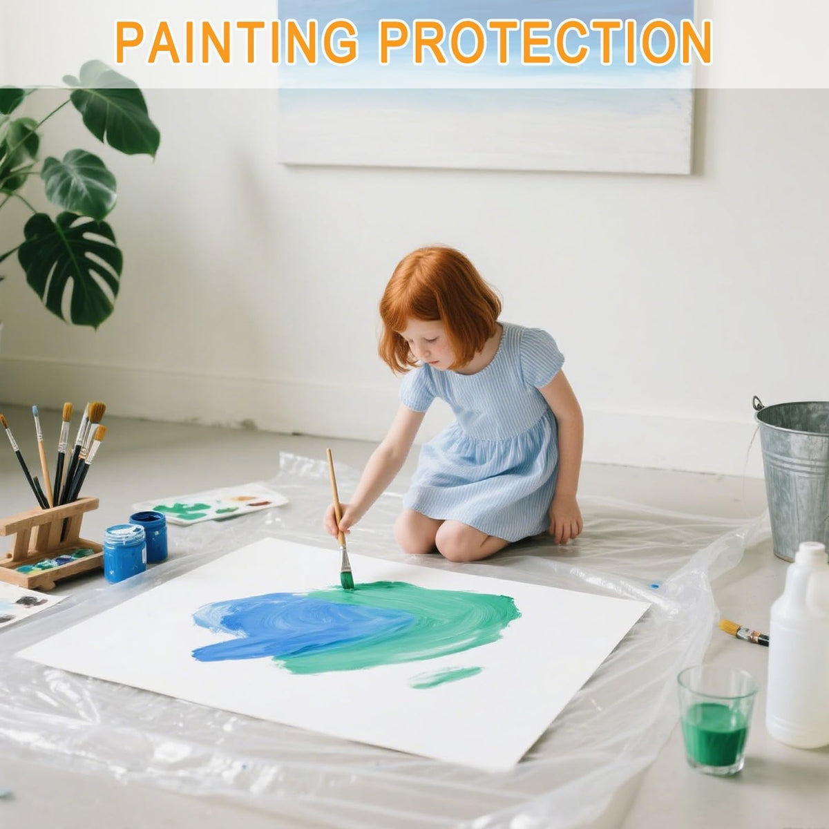 6 Pack Drop Cloth Plastic Sheeting, 9 x 12 FT Heavy Duty Painters Tarp, Waterproof Dustproof Furniture and Floor Protection Cover, Tear-Resistant Plastic for Painting and Renovation
