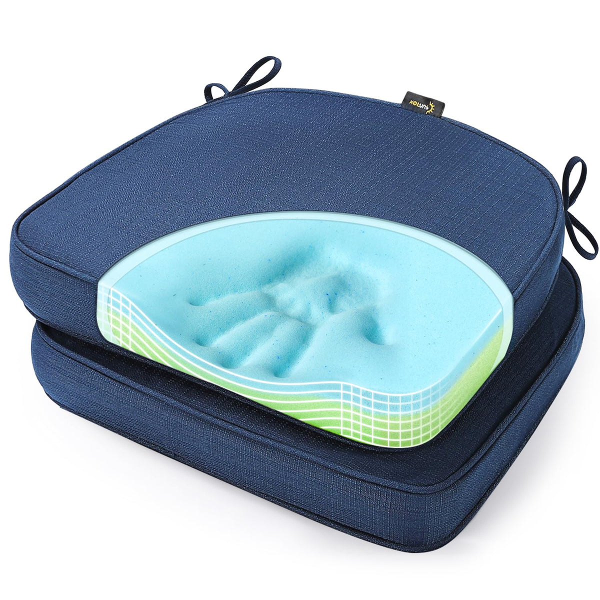 SUNROX Gel Memory Foam Chair Cushions, FadeShield Water-, Stain-Resistant Durable Reversible Seat Cushion Pads with Ties for Indoor/Outdoor Kitchen Dining Office 17"x16" Set of 2, Navy