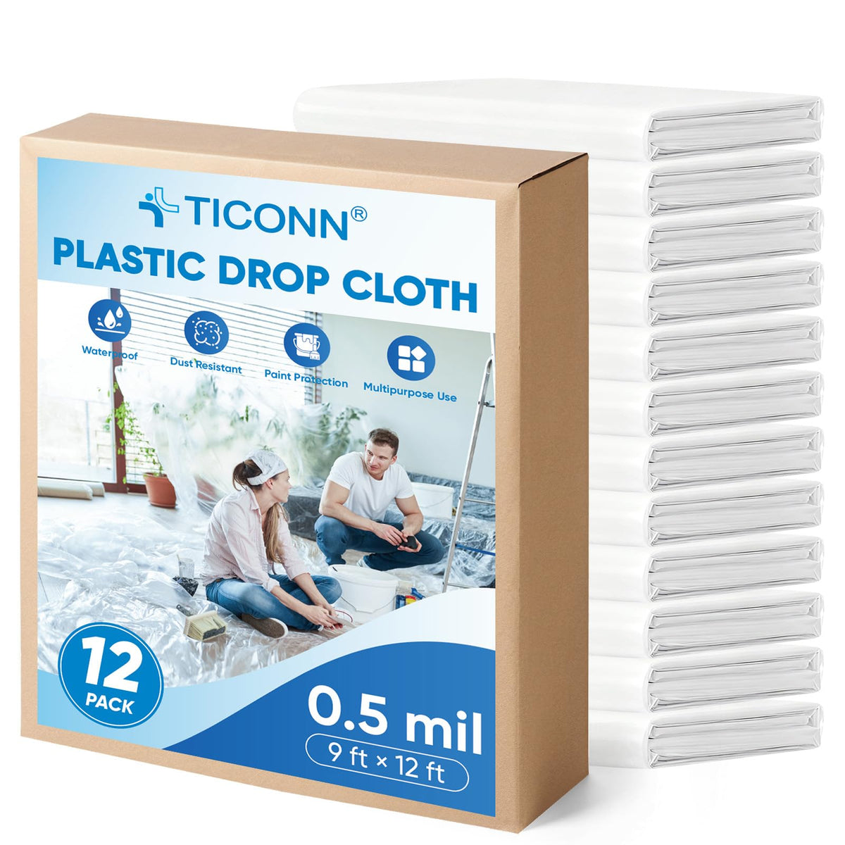 TICONN 12 x 9 Ft Plastic Drop Cloth for Painting, Waterproof Painters Plastic Sheeting, Painting Tarp for Furniture Cover, Floor Protection (6PK, 0.5Mil)
