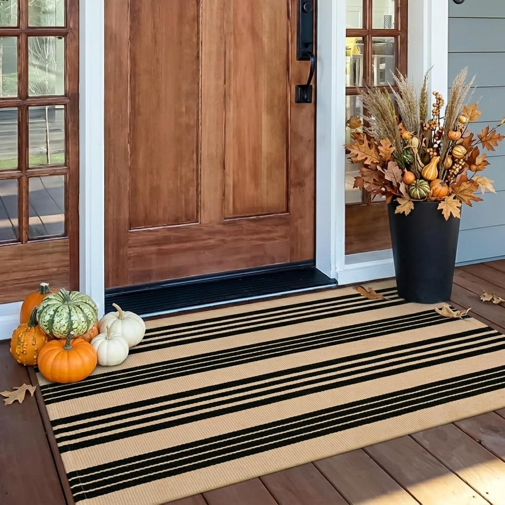 OJIA Outdoor Rug 3'x5', Black and Tan Patio Rugs Fall Door Mat Outside