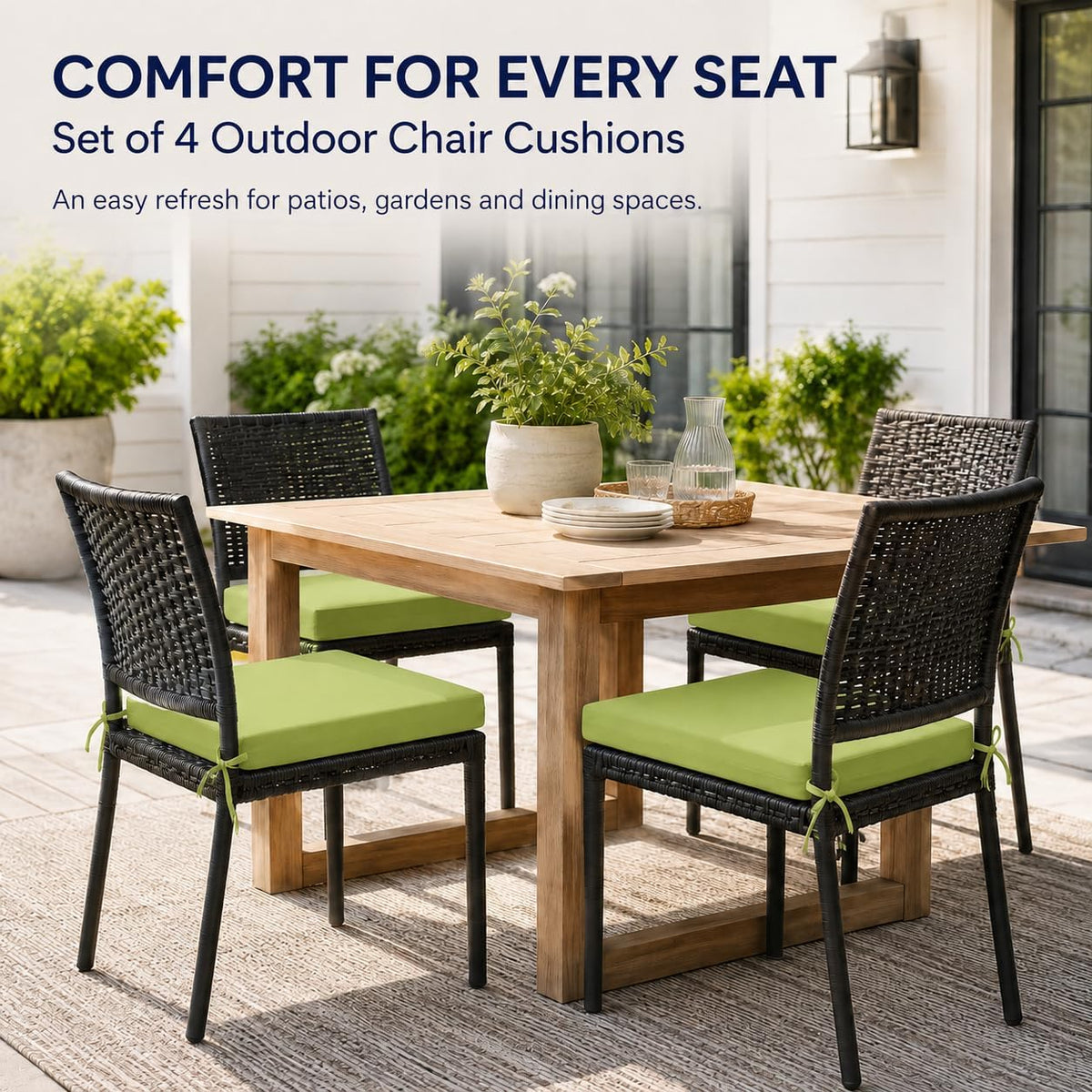 UNIKOME Outdoor Chair Cushions Pack of 4, Water Resistant Patio Cushions with Ties, High Density Sponge Filling Square Corner Seat Cushions for Outdoor Furniture, 18.5"*16"*3", Green