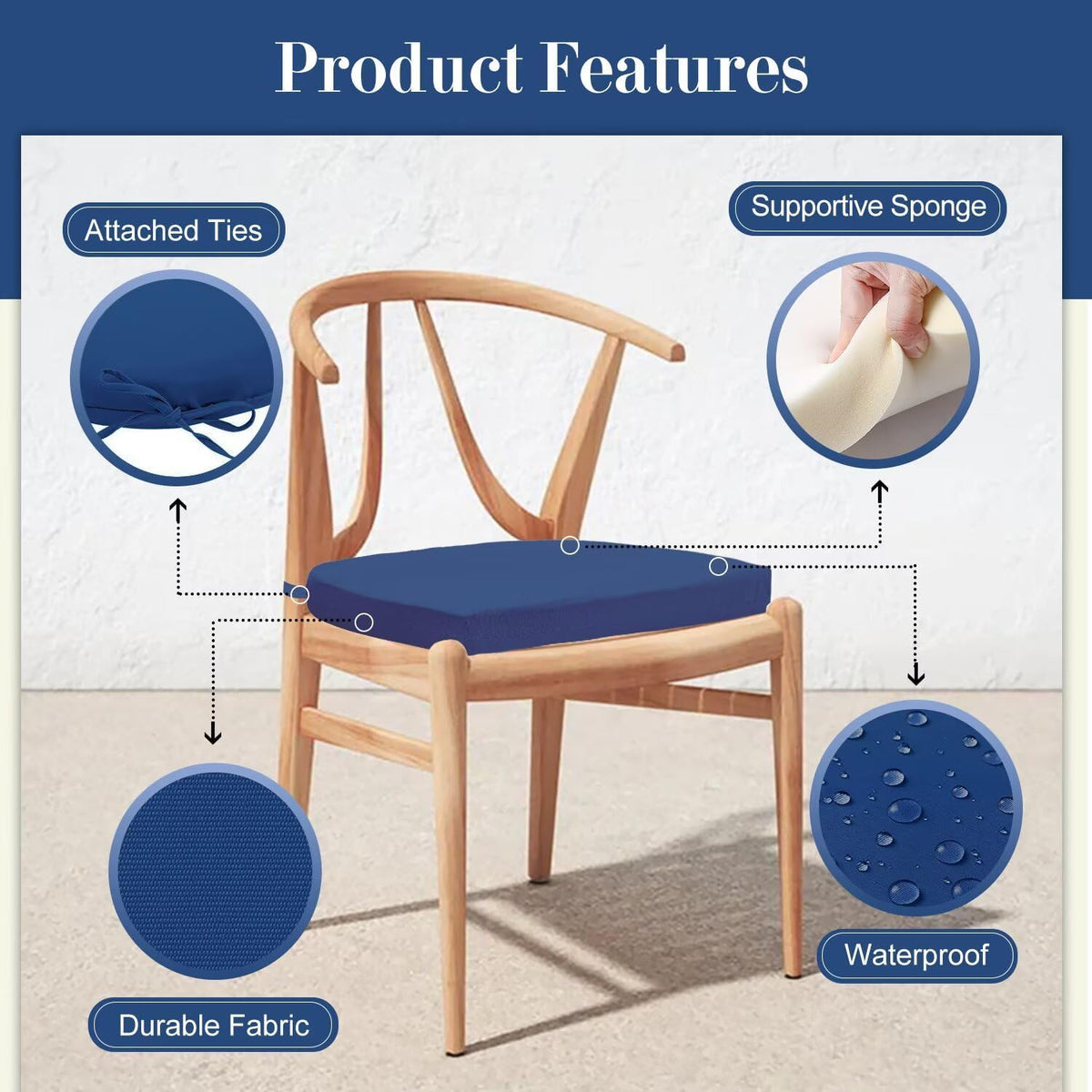 Cozyide Outdoor Chair Cushions, Waterproof Patio Seat Cushions with Adjustable Straps, Round Corner Patio Chair Cushions for Garden, Royal Blue, 17x16x2 Inch (Pack of 2)