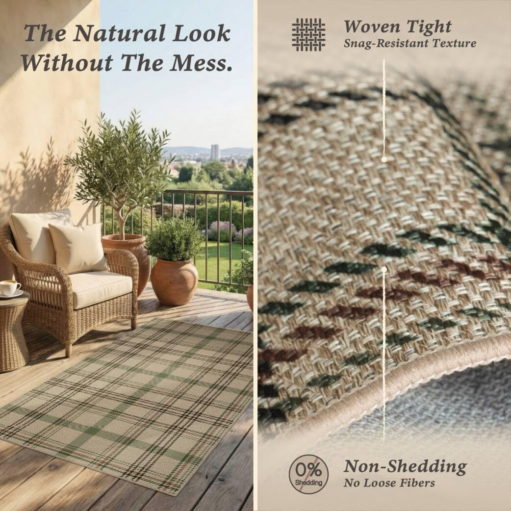 JTJ Easy Jute 3x5 Outdoor Rug for Front Porch, Washable Sage Green Plaid