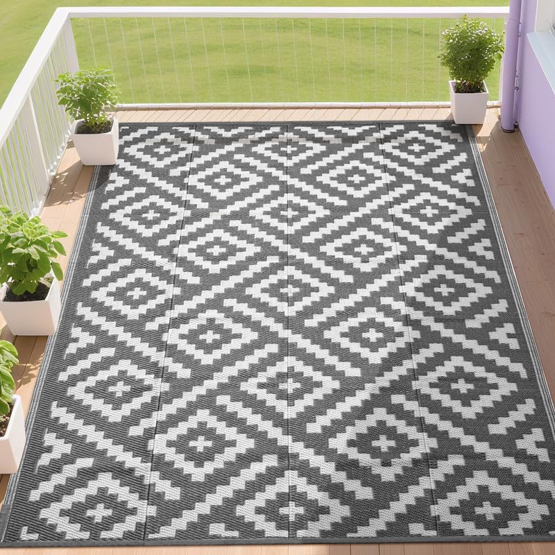 RURALITY Outdoor Rugs 8'x10' Waterproof for Patios Clearance,Plastic Straw Mats for RV, Camping,Backyard,Porch,Deck,Balcony,Reversible,Geometric