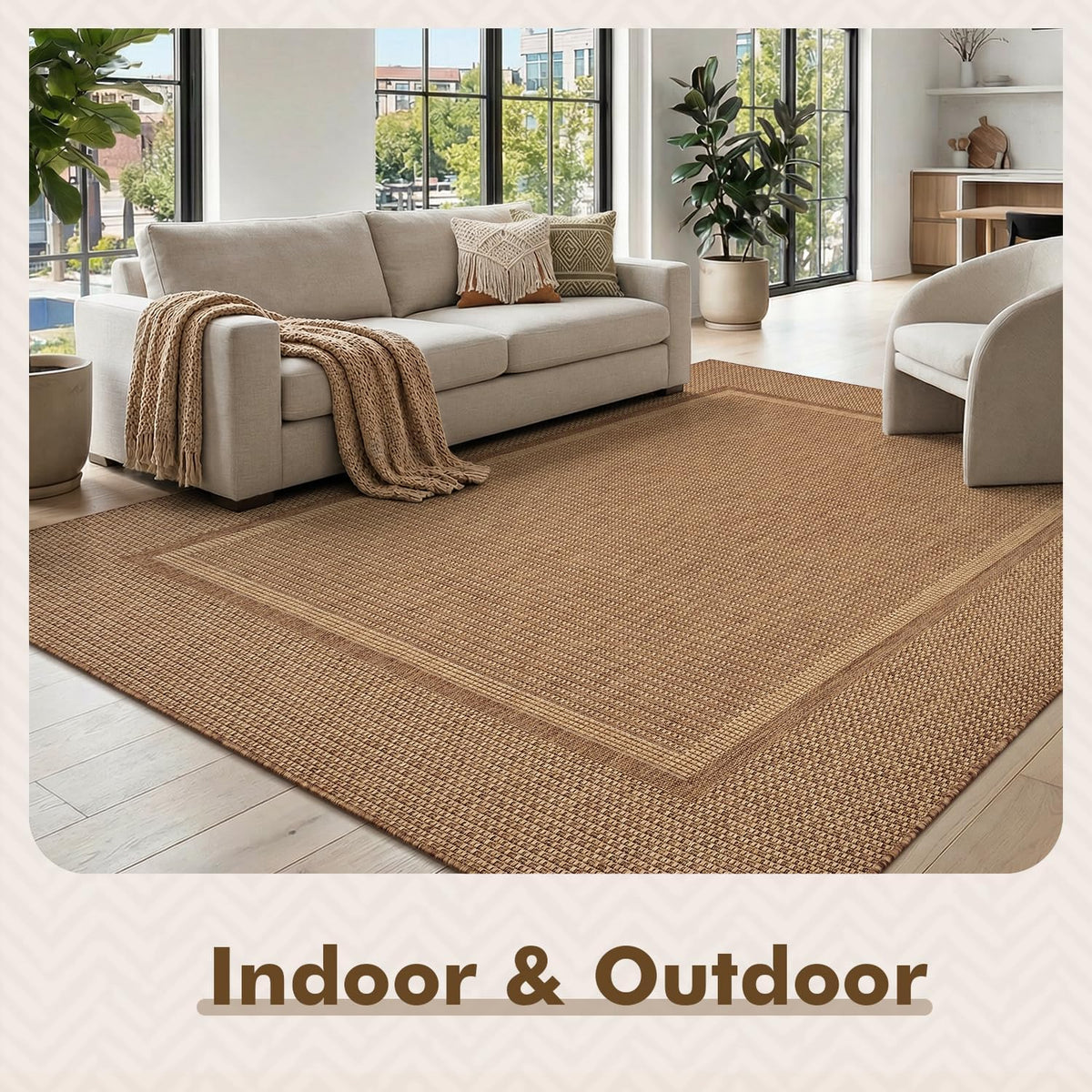 MontVoo-Outdoor Rug-Patio Rug 5x7 ft Polypropylene Indoor Outdoor Rugs Outdoor Carpet for Patio Deck Balcony Porch, Textured Weave, Durable for High Traffic, Fade-Resistant, Modern Neutral Brown