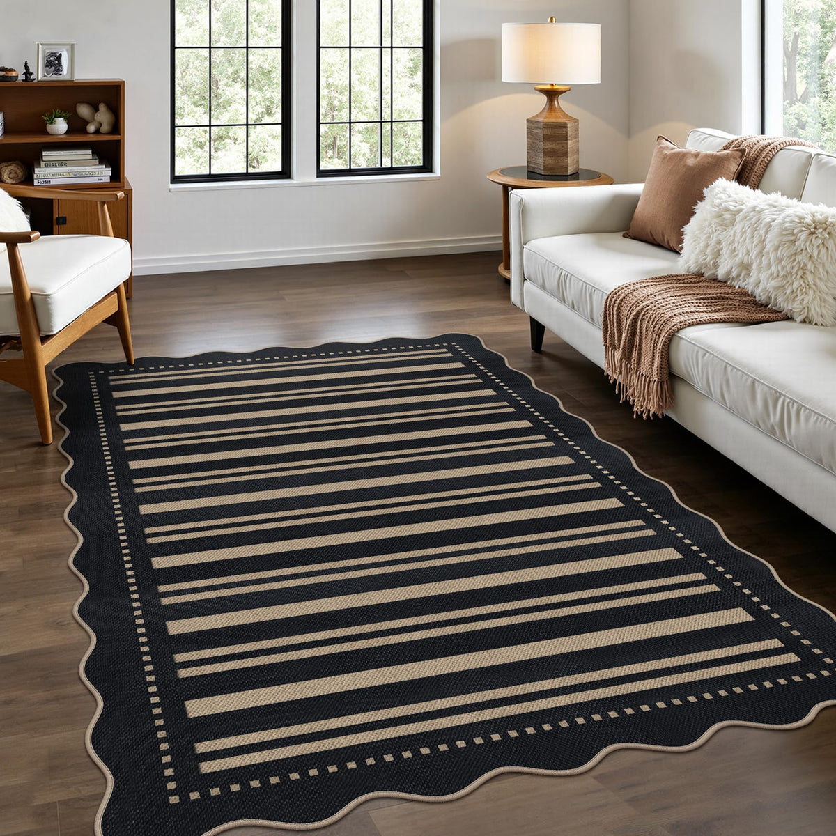 Scalloped Easy Jute 3x5 Front Door Mat, Washable Rugs for Entryway Black Outdoor Patio Rug, Farmhouse Neutral Non Slip Indoor Carpet for Porch Backyard