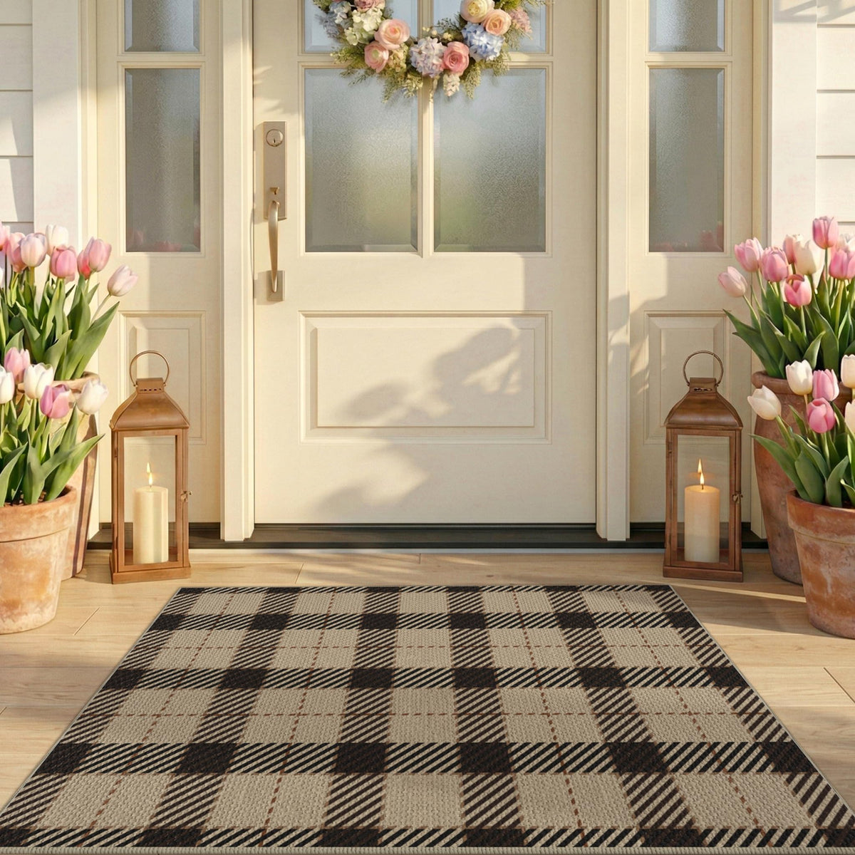 JTJ Easy Jute 3x5 Outdoor Rug for Front Porch, Washable Sage Green Plaid