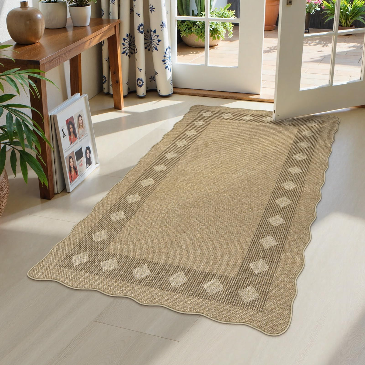 LIVEBOX Scalloped Easy Jute 3x5 Outdoor Rug, Washable Non-Slip Geometric Tan Rugs for Entryway, Indoor Outdoor Farmhouse Rug Modern Carpet Door Mat Area Rug for Patio Bedroom Living Room Kitchen Porch