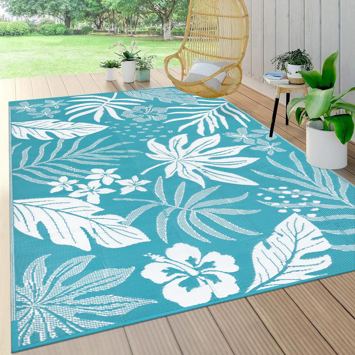 Pauwer Waterproof Outdoor Rug 5x8, Plastic Straw Patio Rug, Leaf Brown