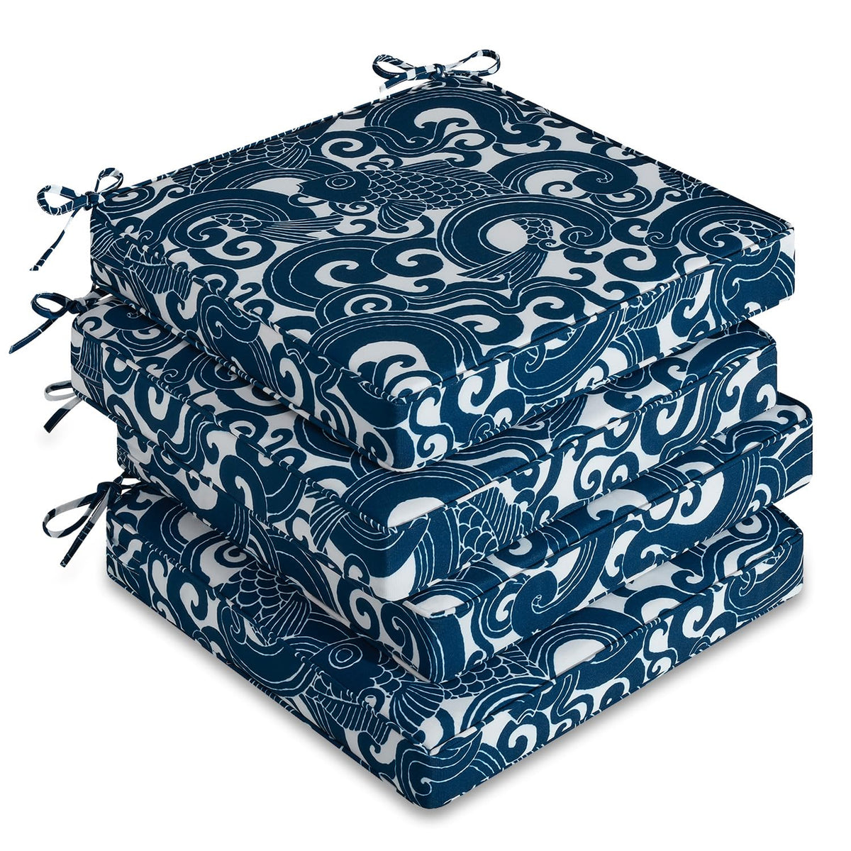 downluxe Outdoor Chair Cushions Set of 4, Waterproof 19" x 19" x 3" Patio Chair Cushion with Non-Slip Ties & Handle, Square Outdoor Cushion for Patio Furniture with Removable Cover, Navy