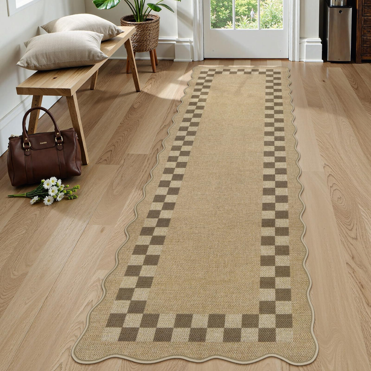 LIVEBOX Scalloped Easy Jute 3x5 Outdoor Rug, Washable Non-Slip Geometric Tan Rugs for Entryway, Indoor Outdoor Farmhouse Rug Modern Carpet Door Mat Area Rug for Patio Bedroom Living Room Kitchen Porch