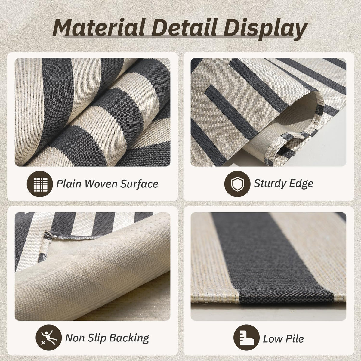 AMOAMI Outdoor Rug Patio Rug 5x8 ft Quick Dry Flatweave Textured Machine Washable Outdoor Carpet with Rubber Particles Backing Boho Outdoor Area Rug for Patio Deck Front Porch Balcony Greyish Black