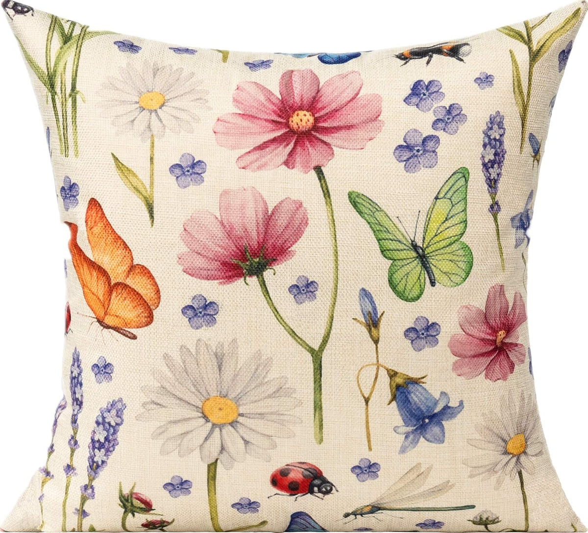 All Smiles Outdoor Patio Throw Pillow Covers 18x18 Set of 4 Spring Summer Garden Flowers Farmhouse Décor Outside Furniture Bench Chair Decorative Cushion Cases for Swing Deep Seat Bed Couch Sofa