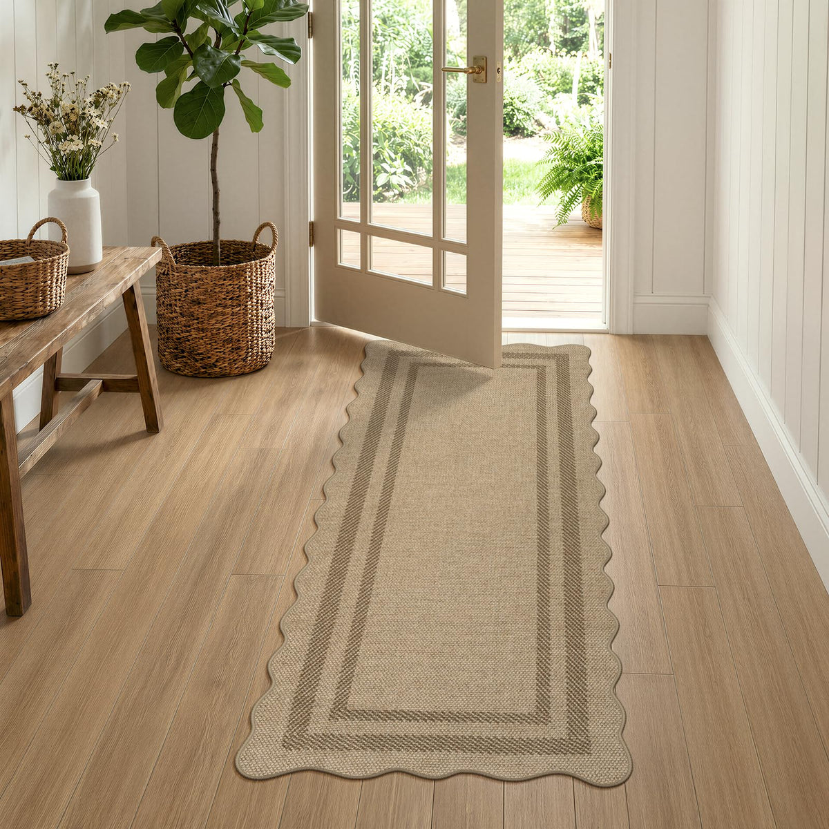 LIVEBOX Scalloped Easy Jute 3x5 Outdoor Rug, Washable Non-Slip Geometric Tan Rugs for Entryway, Indoor Outdoor Farmhouse Rug Modern Carpet Door Mat Area Rug for Patio Bedroom Living Room Kitchen Porch
