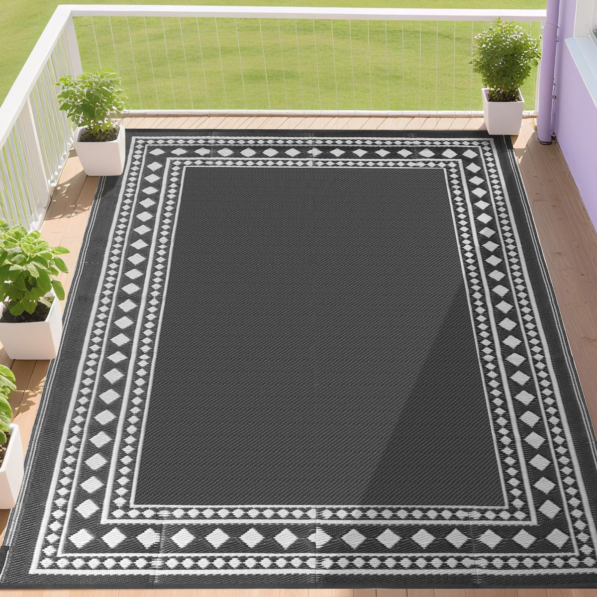 RURALITY Outdoor Rugs 8'x10' Waterproof for Patios Clearance,Plastic Straw Mats for RV, Camping,Backyard,Porch,Deck,Balcony,Reversible,Geometric