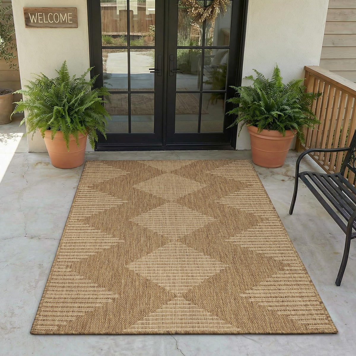 MontVoo-Outdoor Rug Carpet Patio Rug 4x6 ft Polypropylene Indoor Outdoor Rugs for Patio Deck Balcony Porch, Textured Weave, Durable for High Traffic, Fade-Resistant, Boho Geometric Neutral Brown