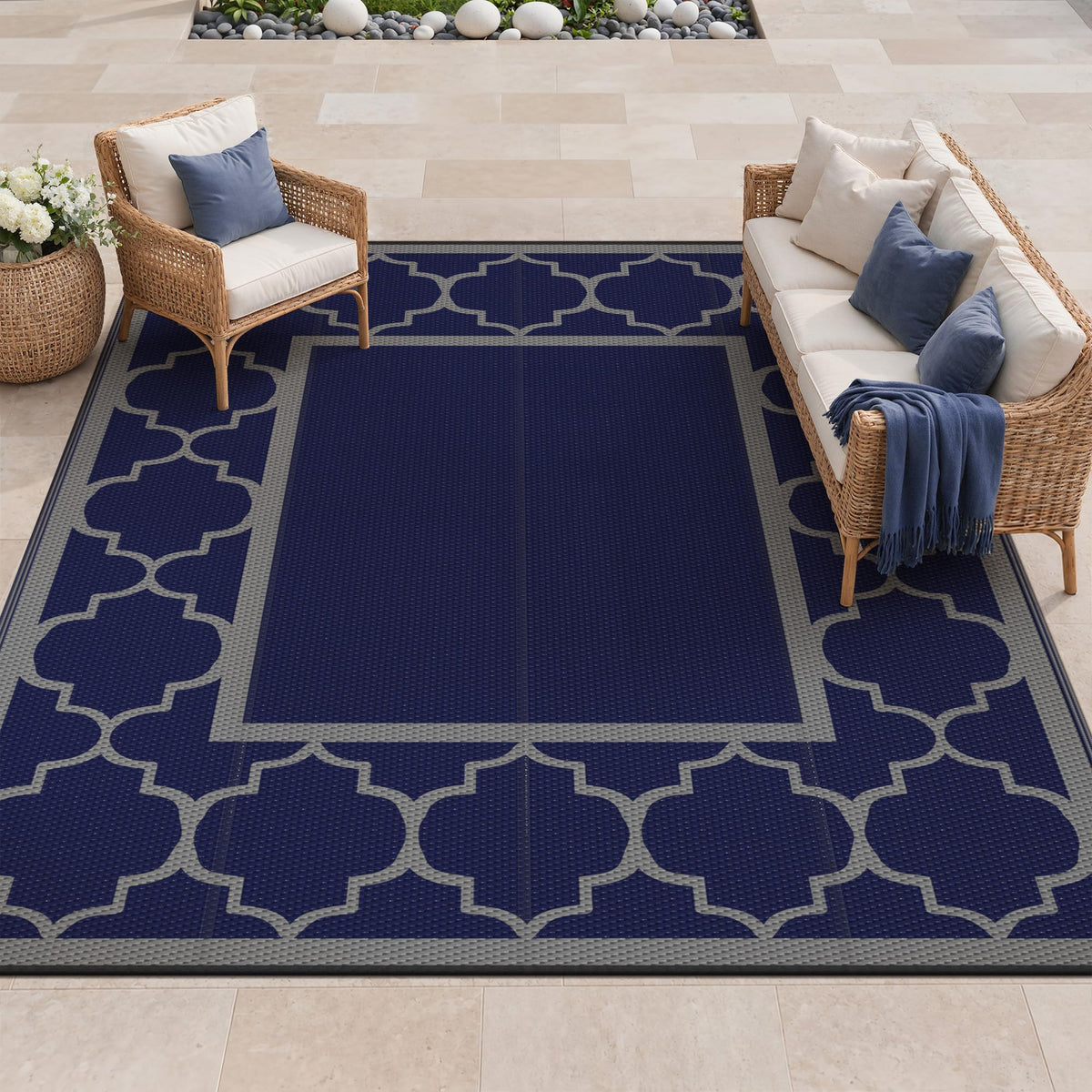 GENIMO Outdoor Rug, Waterproof Plastic Rugs for Patio, 5'x8' Blue White