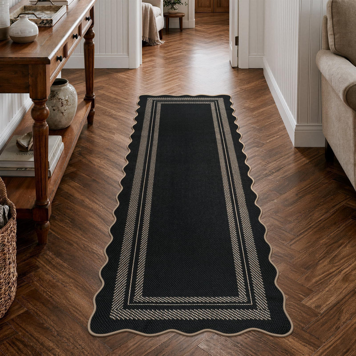 LIVEBOX Scalloped Easy Jute 3x5 Outdoor Rug, Washable Non-Slip Geometric Tan Rugs for Entryway, Indoor Outdoor Farmhouse Rug Modern Carpet Door Mat Area Rug for Patio Bedroom Living Room Kitchen Porch