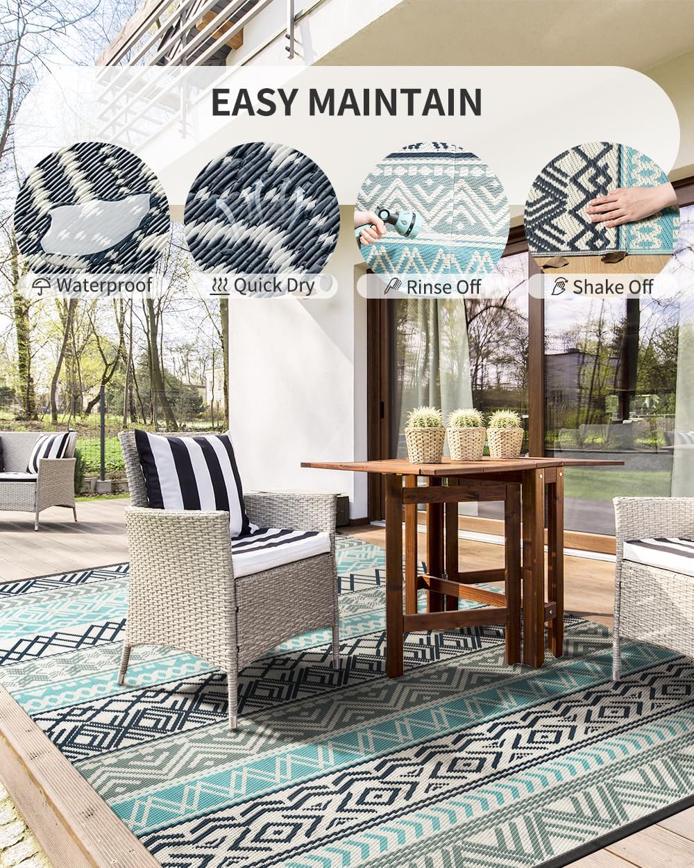 MontVoo Outdoor Rug Carpet Waterproof-Patio Rug Mat 5x8 Reversible RV Outdoor Camping Rugs Picnic Beach Mats Plastic Straw Outside Rugs for Balcony Porch Pool Deck Boho Patio Decor