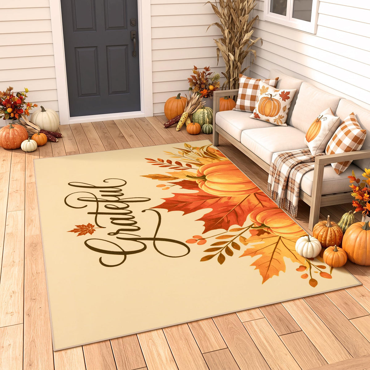 Fall Front Door Mat 3'x5', Hello Pumpkin Welcome Mat for Porch Rugs