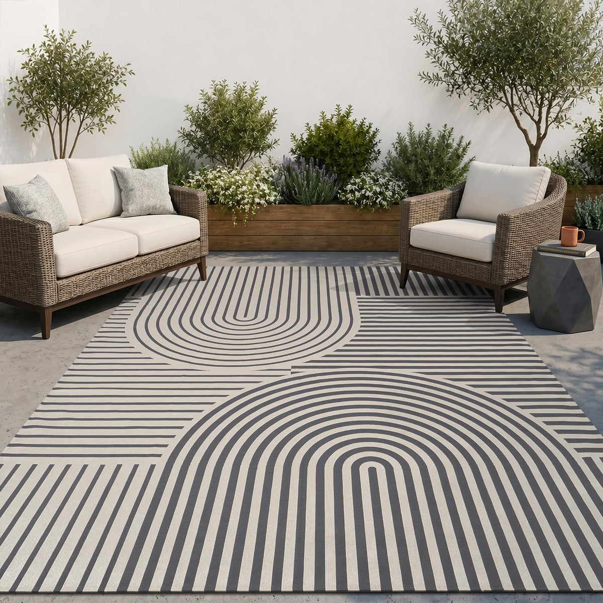 AMOAMI Outdoor Rug Patio Rug 5x8 ft Quick Dry Flatweave Textured Machine Washable Outdoor Carpet with Rubber Particles Backing Boho Outdoor Area Rug for Patio Deck Front Porch Balcony Greyish Black