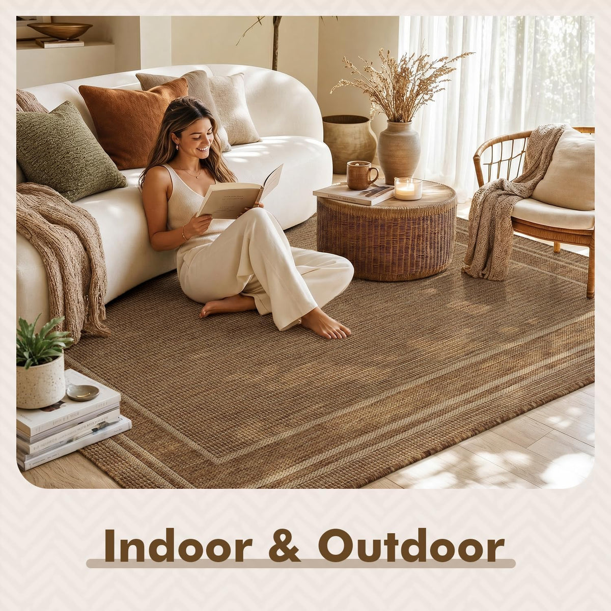 MontVoo-Outdoor Rug-Patio Rug 5x7 ft Polypropylene Indoor Outdoor Rugs Outdoor Carpet for Patio Deck Balcony Porch, Textured Weave, Durable for High Traffic, Fade-Resistant, Modern Neutral Brown