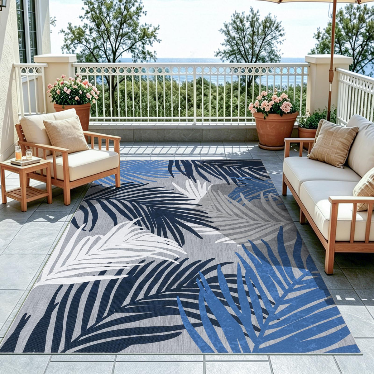 Pauwer Indoor Outdoor Area Rugs 6x9, Washbale Outdoor Patio Rug, Blue White