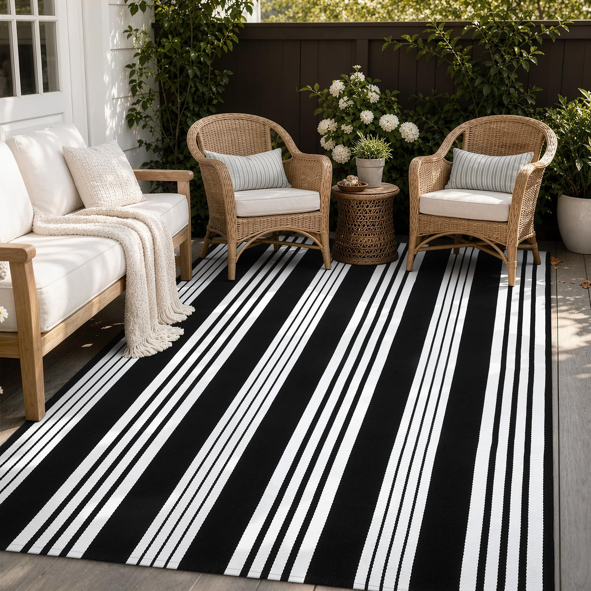 OJIA Outdoor Rug 3'x5', Black and Tan Patio Rugs Fall Door Mat Outside