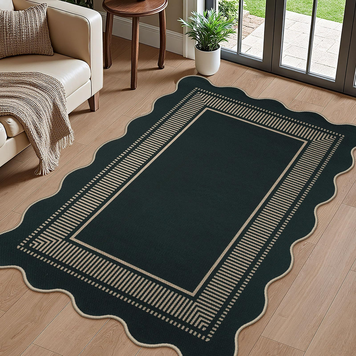 Scalloped Easy Jute 3x5 Front Door Mat, Washable Rugs for Entryway Black Outdoor Patio Rug, Farmhouse Neutral Non Slip Indoor Carpet for Porch Backyard