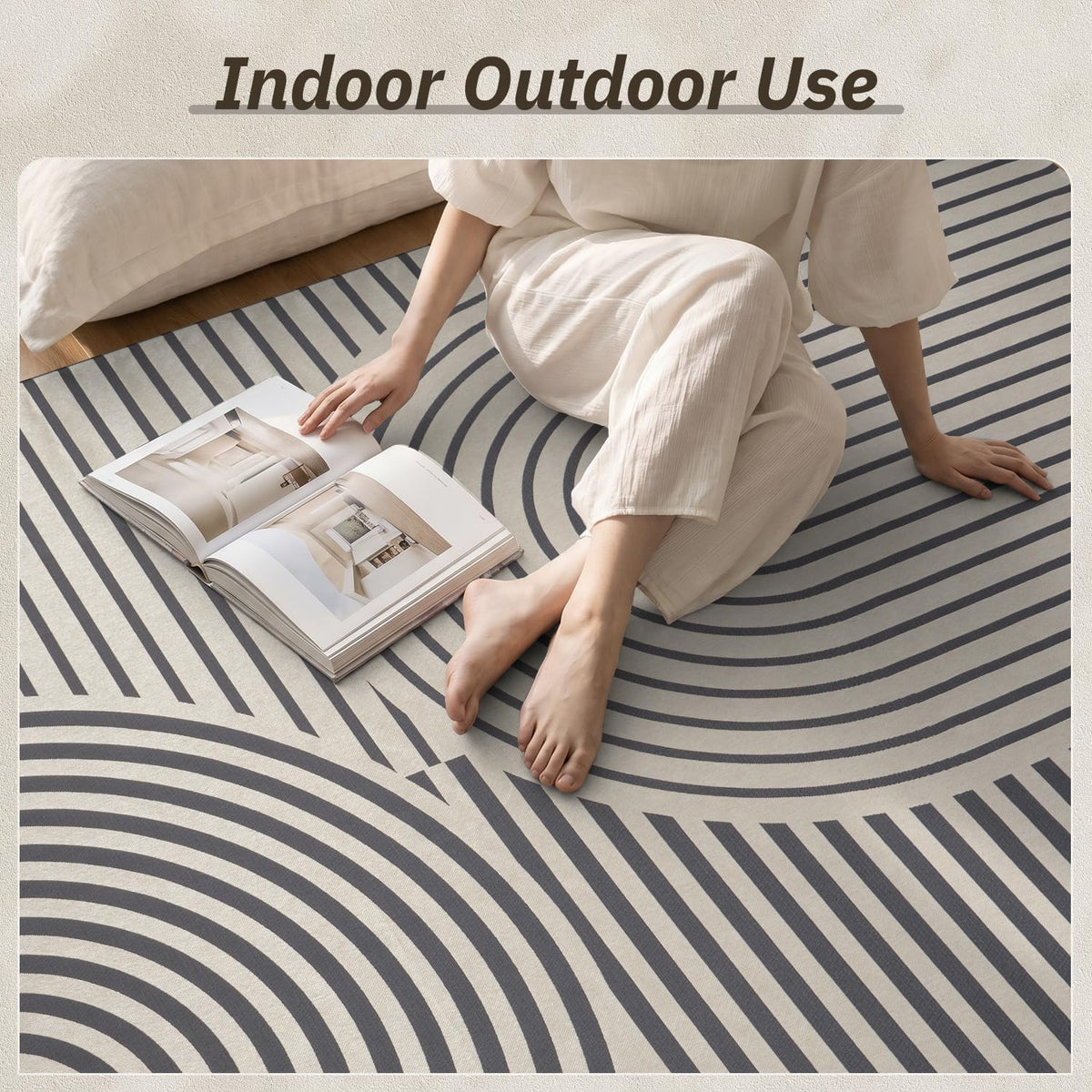 AMOAMI Outdoor Rug Patio Rug 5x8 ft Quick Dry Flatweave Textured Machine Washable Outdoor Carpet with Rubber Particles Backing Boho Outdoor Area Rug for Patio Deck Front Porch Balcony Greyish Black