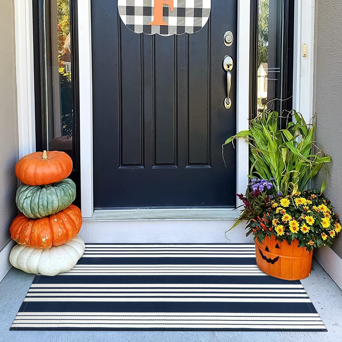 OJIA Outdoor Rug 3'x5', Black and Tan Patio Rugs Fall Door Mat Outside