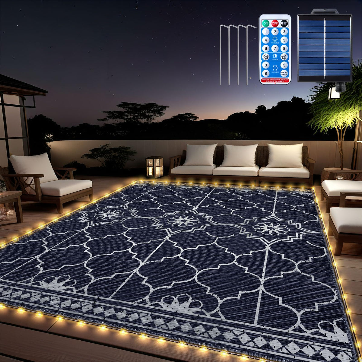 9x12Ft Outdoor Rug, Solar Powered Outdoor Rug with 131LEDs Strip Lights for House Deck, Waterproof Plastic Reversible Outdoor Straw Rugs, Rugs Mat RV Camping Patio Beach Balcony Picnic (Black Gray)