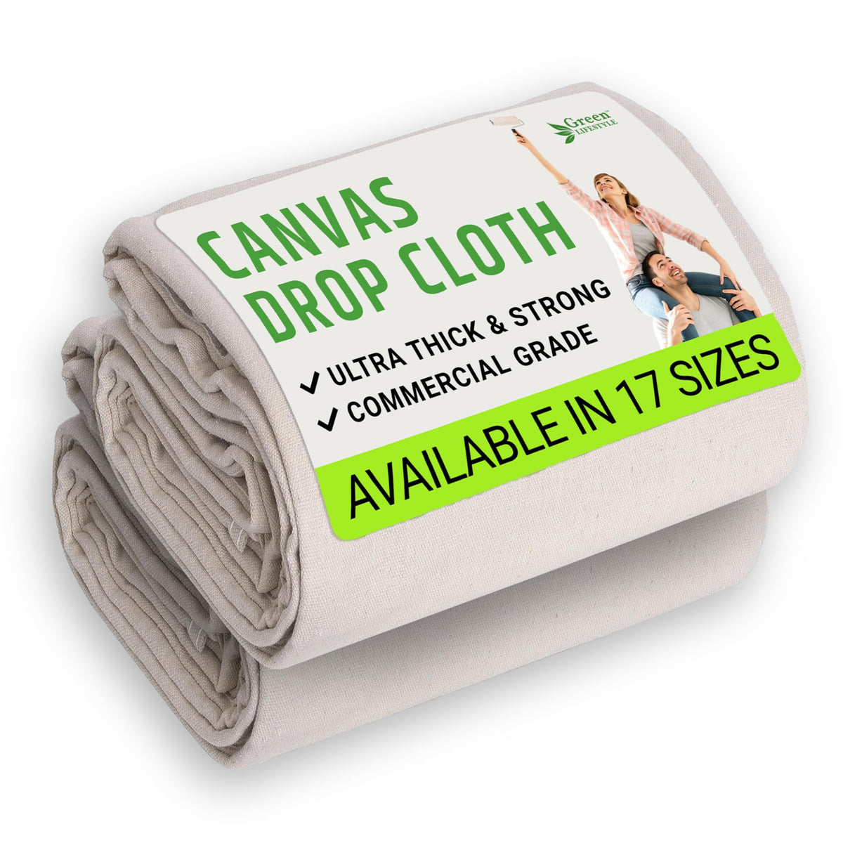 GREEN LIFESTYLE All Purpose Canvas Drop Cloths - Drop Cloth for Painting, Floor Cover, Heavy Duty Protection for Furniture & Surfaces, Reusable Painters Canvas Tarp for Renovation & Home (4x12)