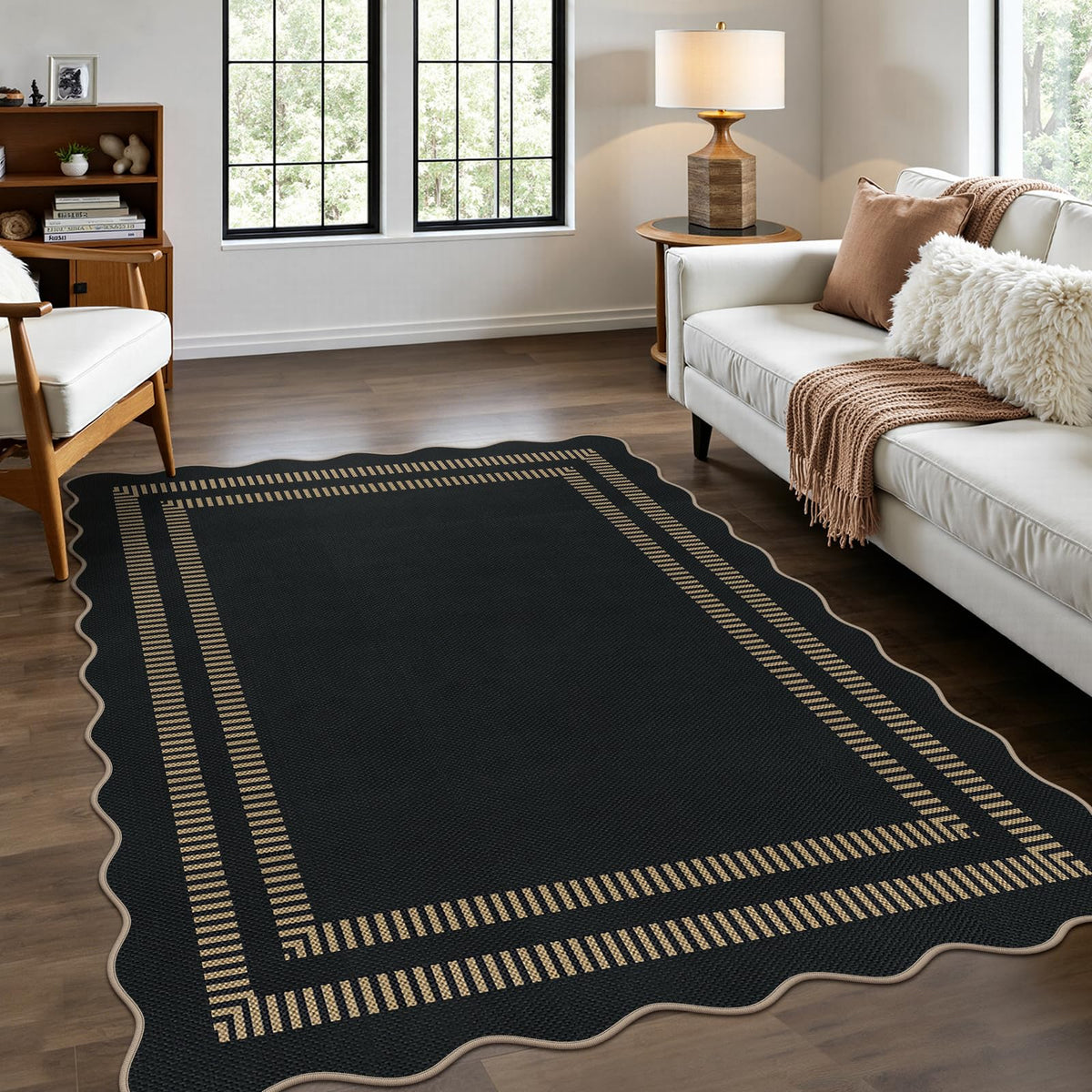 Scalloped Easy Jute 3x5 Front Door Mat, Washable Rugs for Entryway Black Outdoor Patio Rug, Farmhouse Neutral Non Slip Indoor Carpet for Porch Backyard
