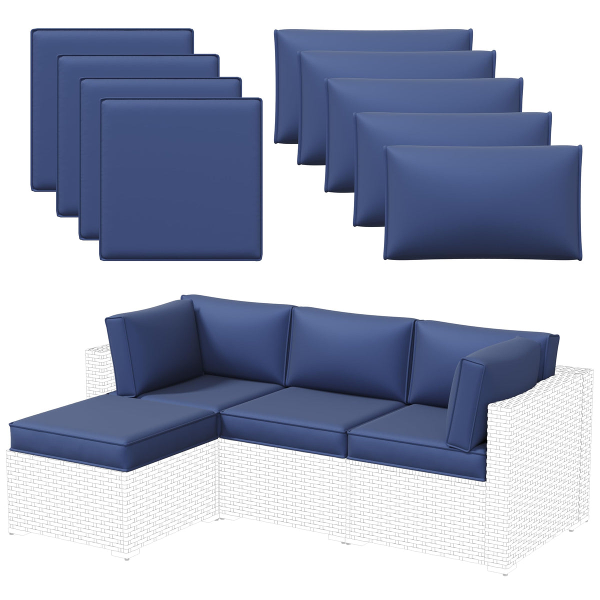 Aoxun Outdoor Replacement Cushions for Patio Furniture, Waterproof Sofa Cushion for 6-Seat Rattan Wicker Sectional Patio Conversation Sets, 14-Piece Cushions Set for L-Shape Couch, Navy