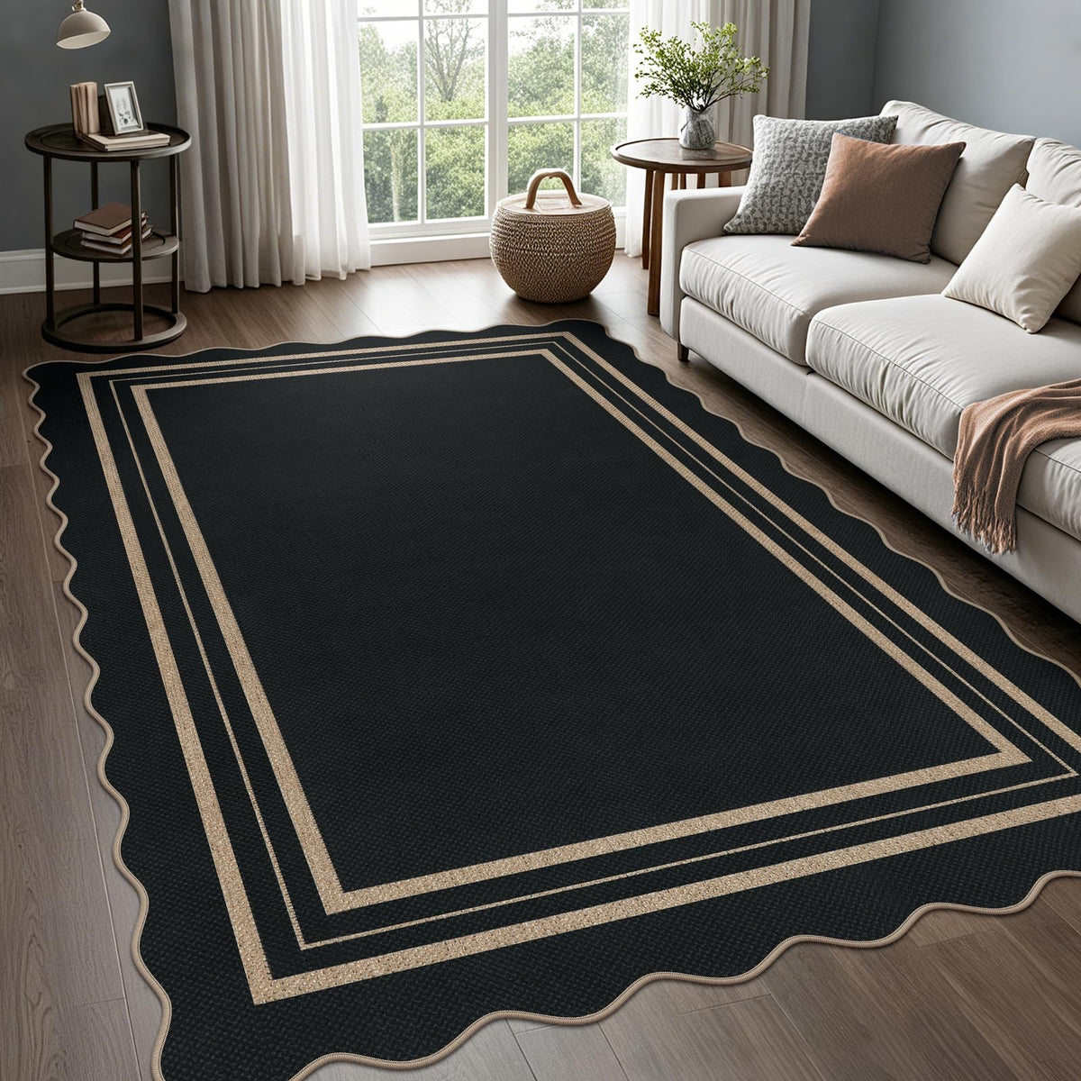 Scalloped Easy Jute 3x5 Front Door Mat, Washable Rugs for Entryway Black Outdoor Patio Rug, Farmhouse Neutral Non Slip Indoor Carpet for Porch Backyard