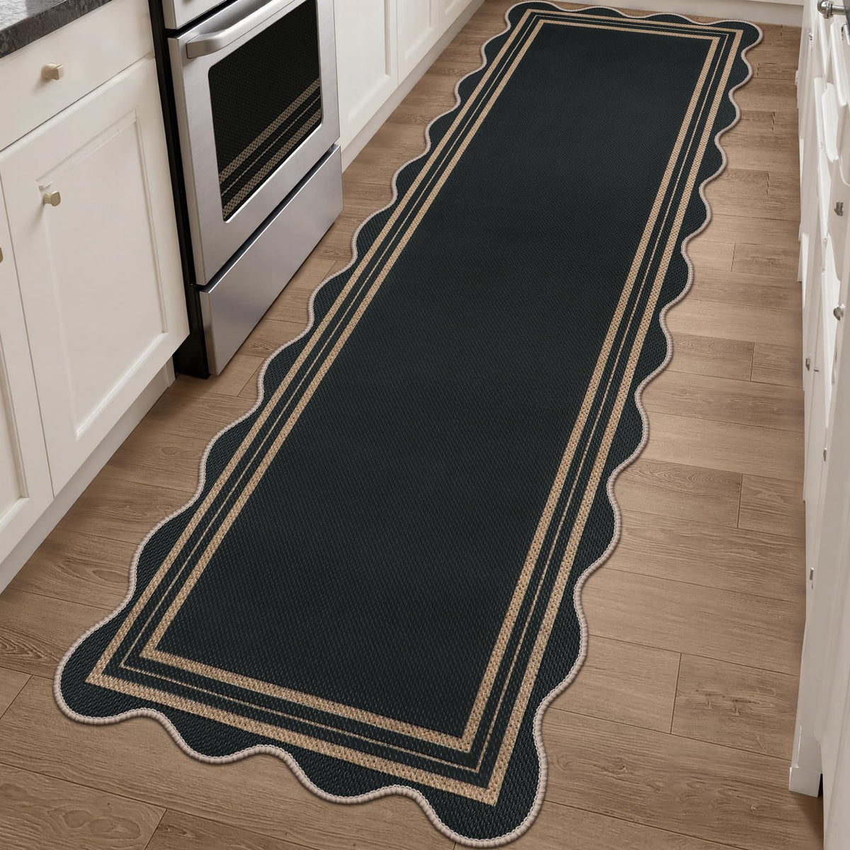 Scalloped Easy Jute 3x5 Front Door Mat, Washable Rugs for Entryway Black Outdoor Patio Rug, Farmhouse Neutral Non Slip Indoor Carpet for Porch Backyard