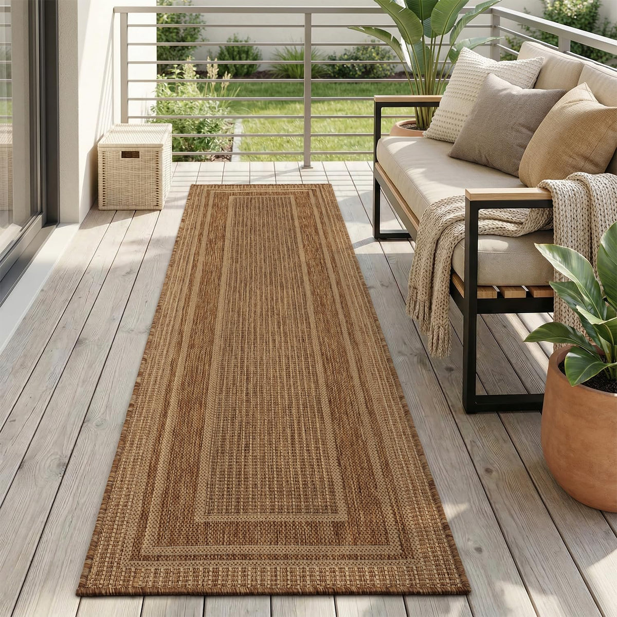 MontVoo-Outdoor Rug-Patio Rug 5x7 ft Polypropylene Indoor Outdoor Rugs Outdoor Carpet for Patio Deck Balcony Porch, Textured Weave, Durable for High Traffic, Fade-Resistant, Modern Neutral Brown