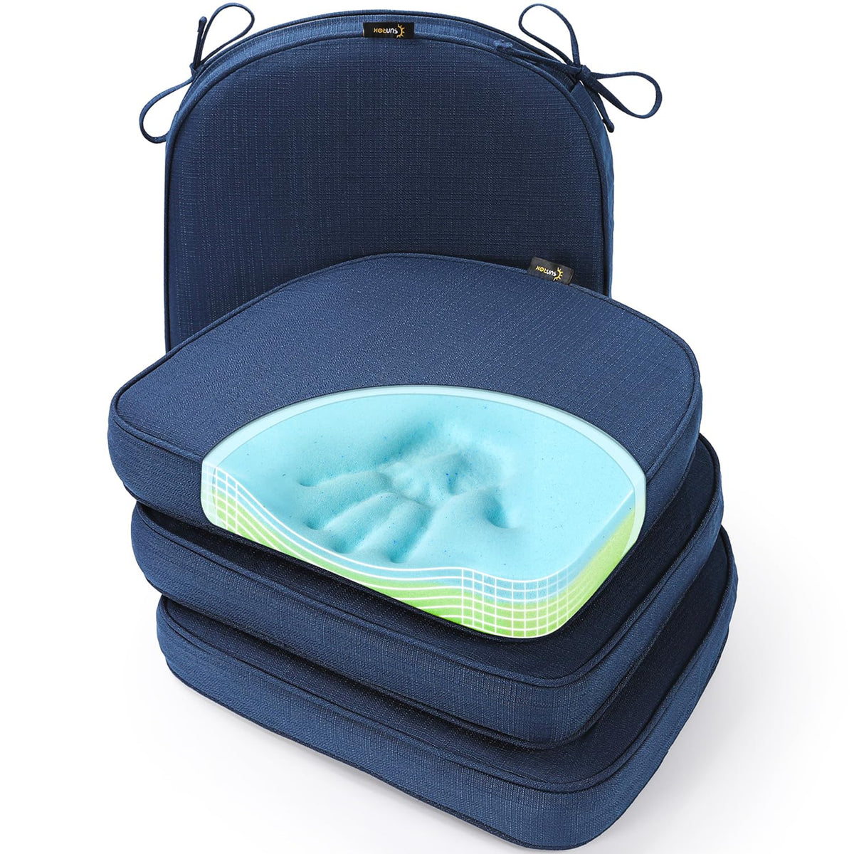 SUNROX Gel Memory Foam Chair Cushions, FadeShield Water-, Stain-Resistant Durable Reversible Seat Cushion Pads with Ties for Indoor/Outdoor Kitchen Dining Office 17"x16" Set of 2, Navy