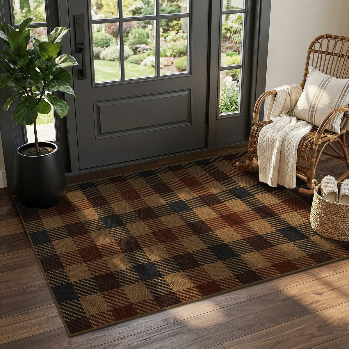 JTJ Easy Jute 3x5 Outdoor Rug for Front Porch, Washable Sage Green Plaid
