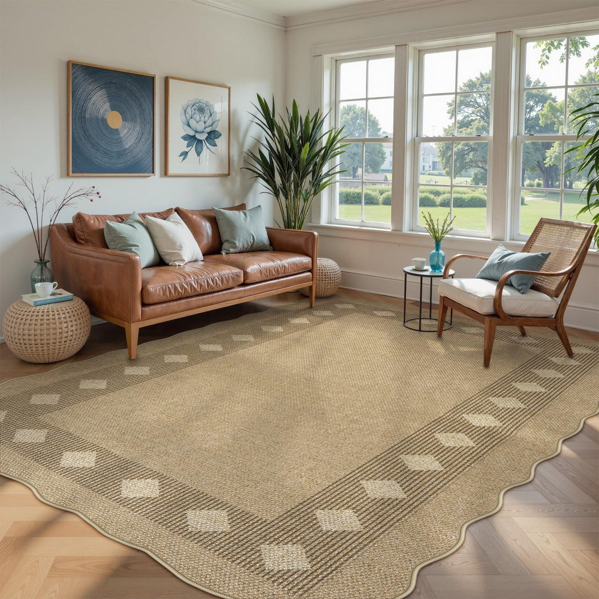 LIVEBOX Scalloped Easy Jute 3x5 Outdoor Rug, Washable Non-Slip Geometric Tan Rugs for Entryway, Indoor Outdoor Farmhouse Rug Modern Carpet Door Mat Area Rug for Patio Bedroom Living Room Kitchen Porch