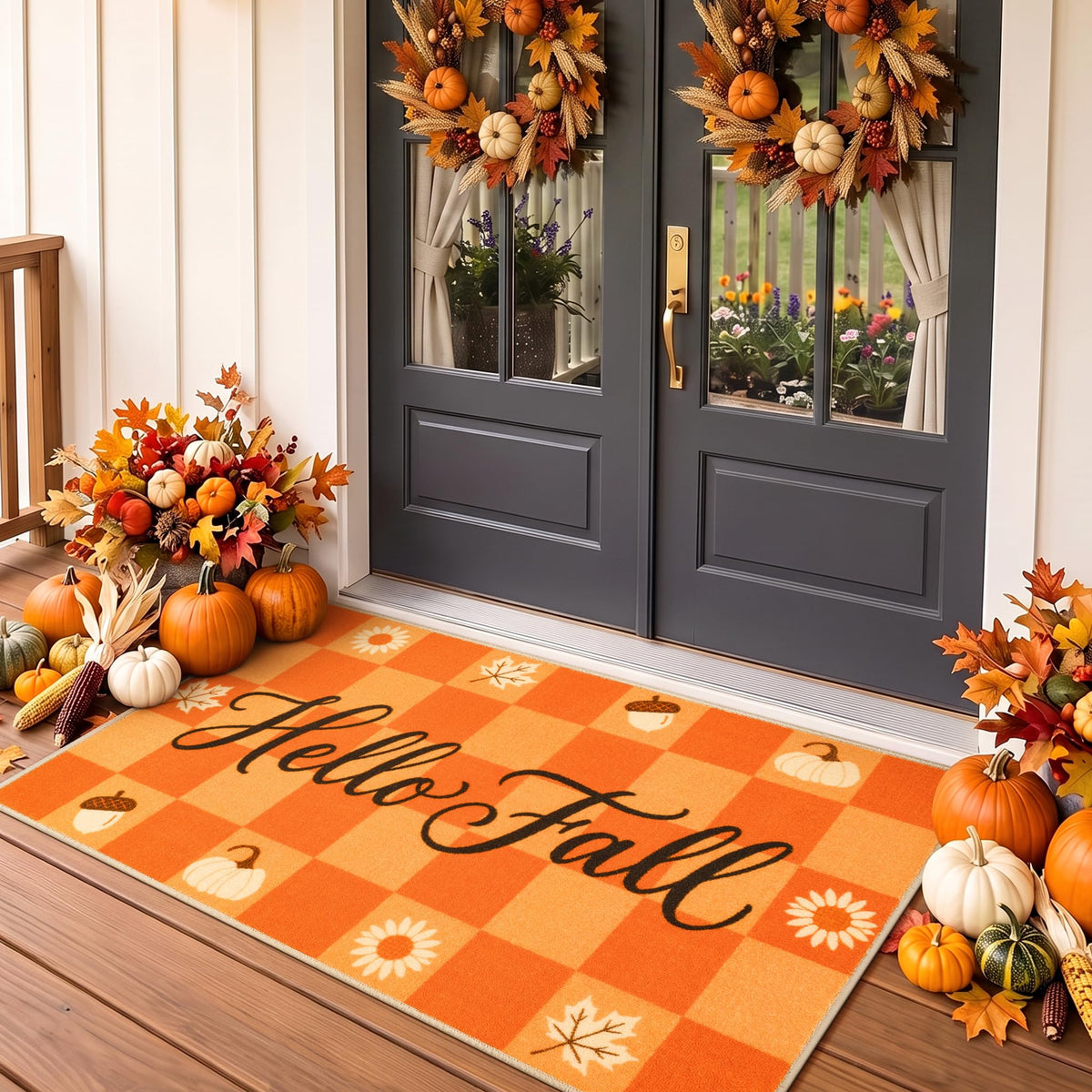 Fall Front Door Mat 3'x5', Hello Pumpkin Welcome Mat for Porch Rugs