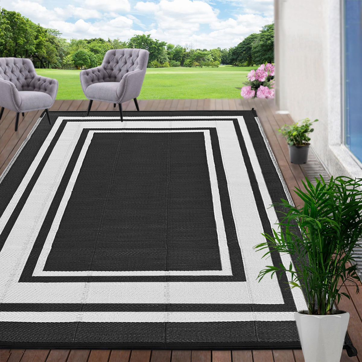 RURALITY Outdoor Rugs 8'x10' Waterproof for Patios Clearance,Plastic Straw Mats for RV, Camping,Backyard,Porch,Deck,Balcony,Reversible,Geometric