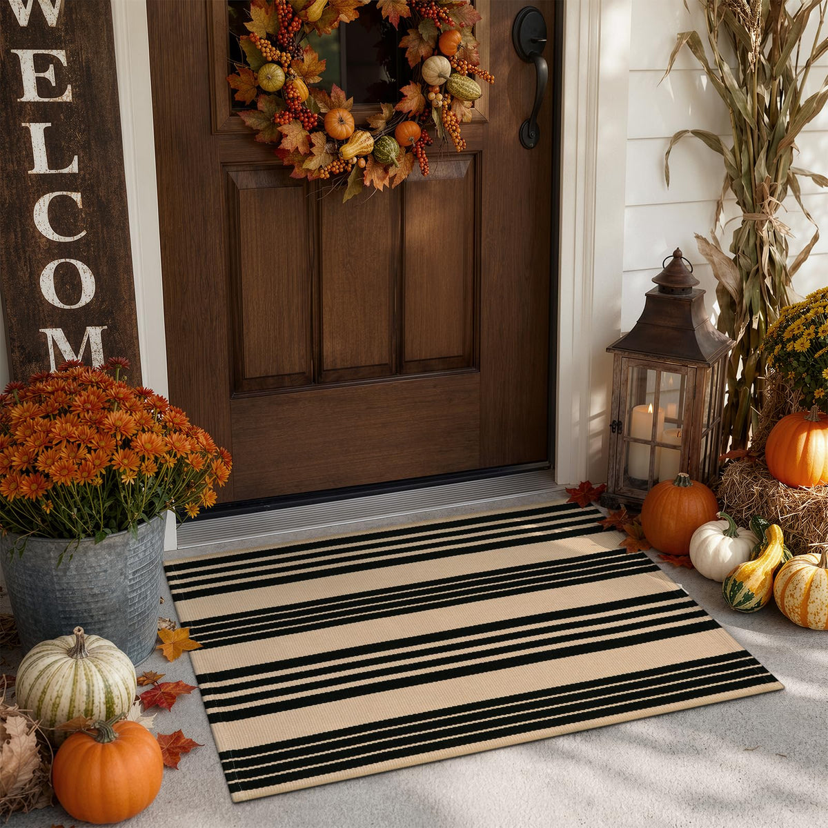 OJIA Outdoor Rug 3'x5', Black and Tan Patio Rugs Fall Door Mat Outside