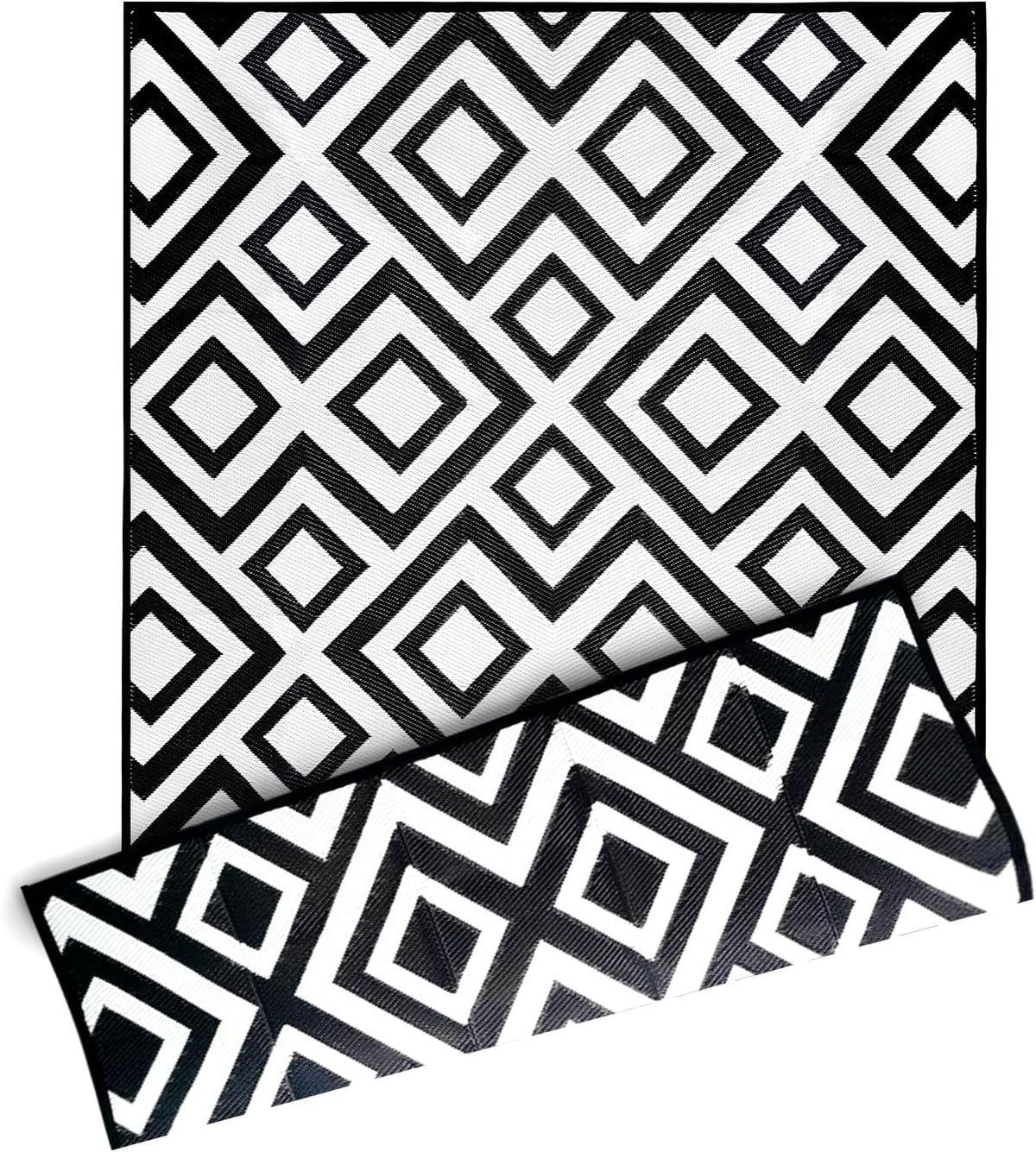 DiiKoo Outdoor Rug Mat for Patio, 6x9ft Waterproof Reversible Plastic Straw Rugs, Camping Carpet Area Mats for RV, Porch, Deck, Backyard, Balcony, Camper, Trailer, Black & White