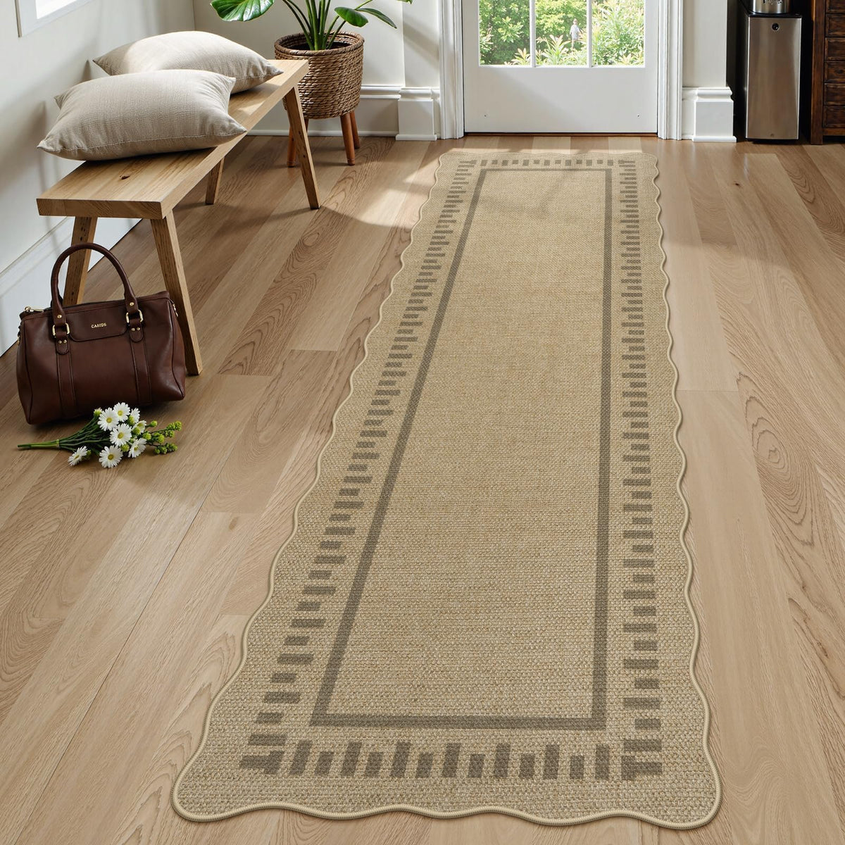 LIVEBOX Scalloped Easy Jute 3x5 Outdoor Rug, Washable Non-Slip Geometric Tan Rugs for Entryway, Indoor Outdoor Farmhouse Rug Modern Carpet Door Mat Area Rug for Patio Bedroom Living Room Kitchen Porch