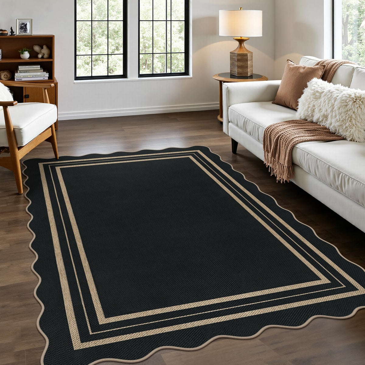 Scalloped Easy Jute 3x5 Front Door Mat, Washable Rugs for Entryway Black Outdoor Patio Rug, Farmhouse Neutral Non Slip Indoor Carpet for Porch Backyard