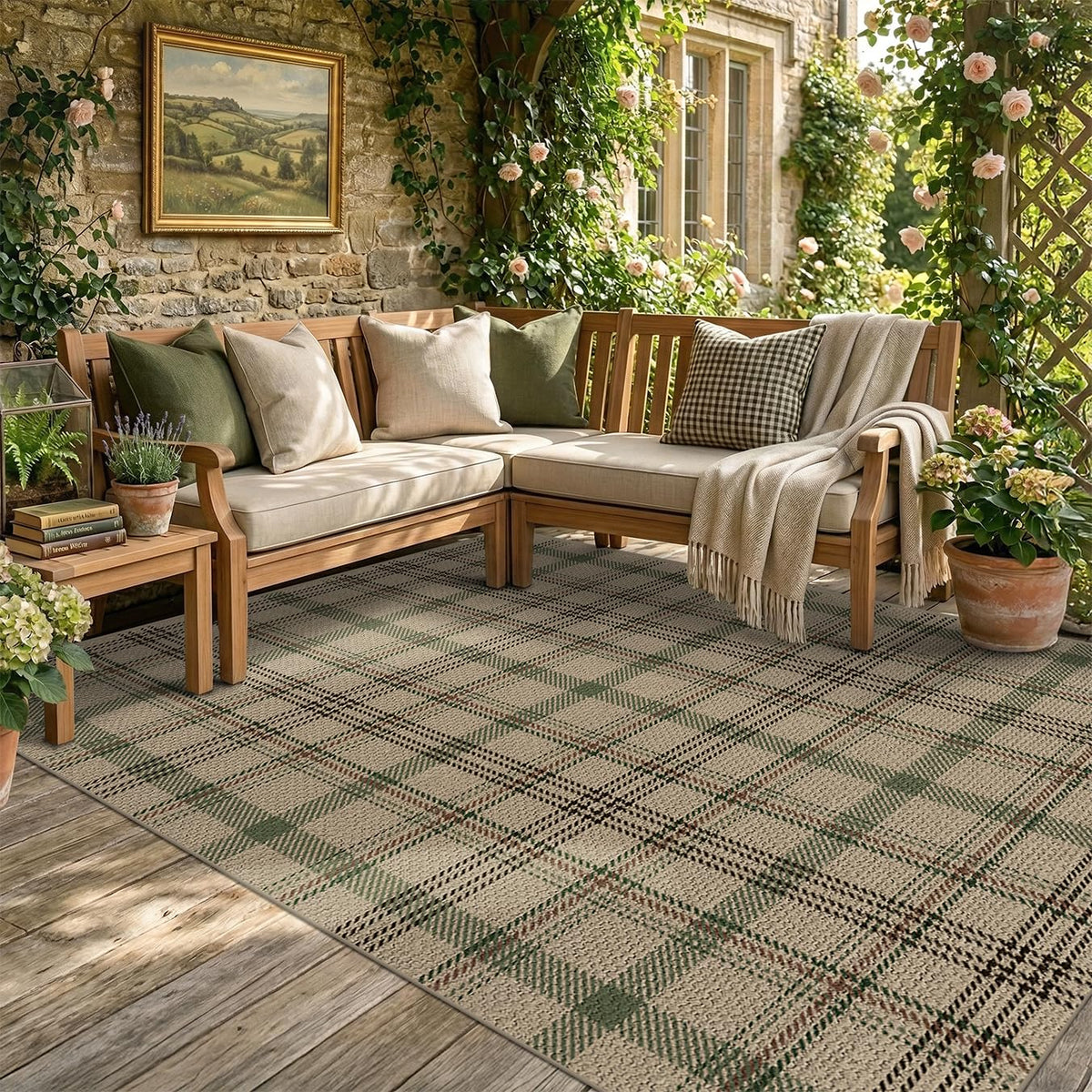 JTJ Easy Jute 3x5 Outdoor Rug for Front Porch, Washable Sage Green Plaid