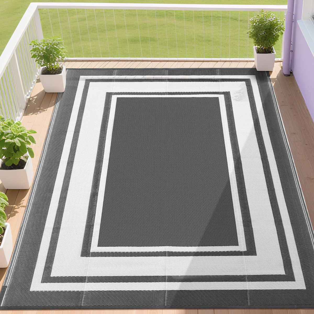 RURALITY Outdoor Rugs 8'x10' Waterproof for Patios Clearance,Plastic Straw Mats for RV, Camping,Backyard,Porch,Deck,Balcony,Reversible,Geometric